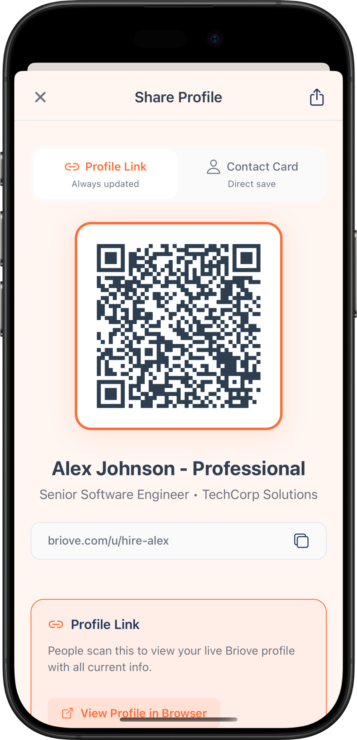 Sharing a Briove digital business card via QR code