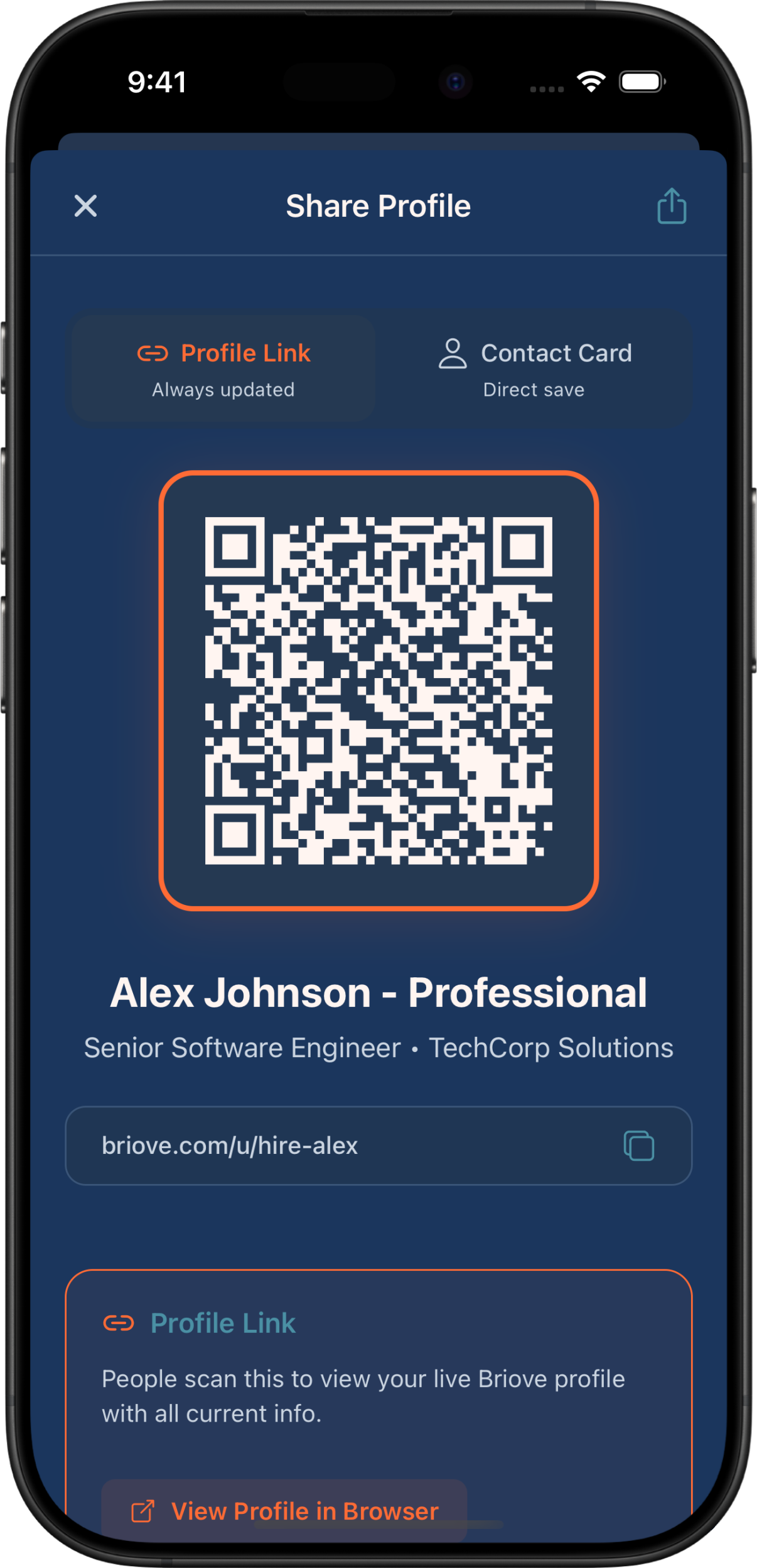 Sharing a Briove digital business card via QR code