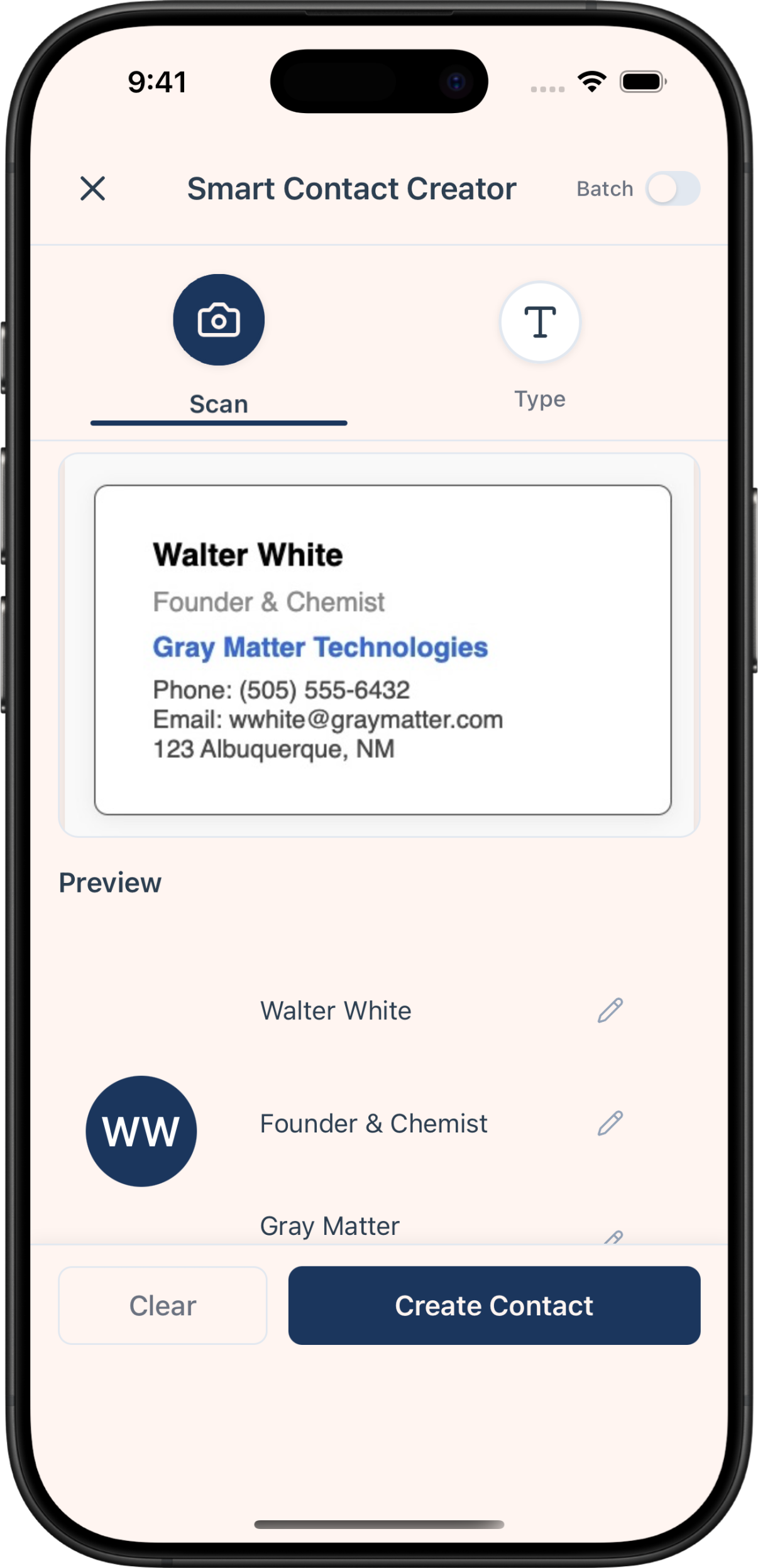 Scanning a paper business card with the Briove app