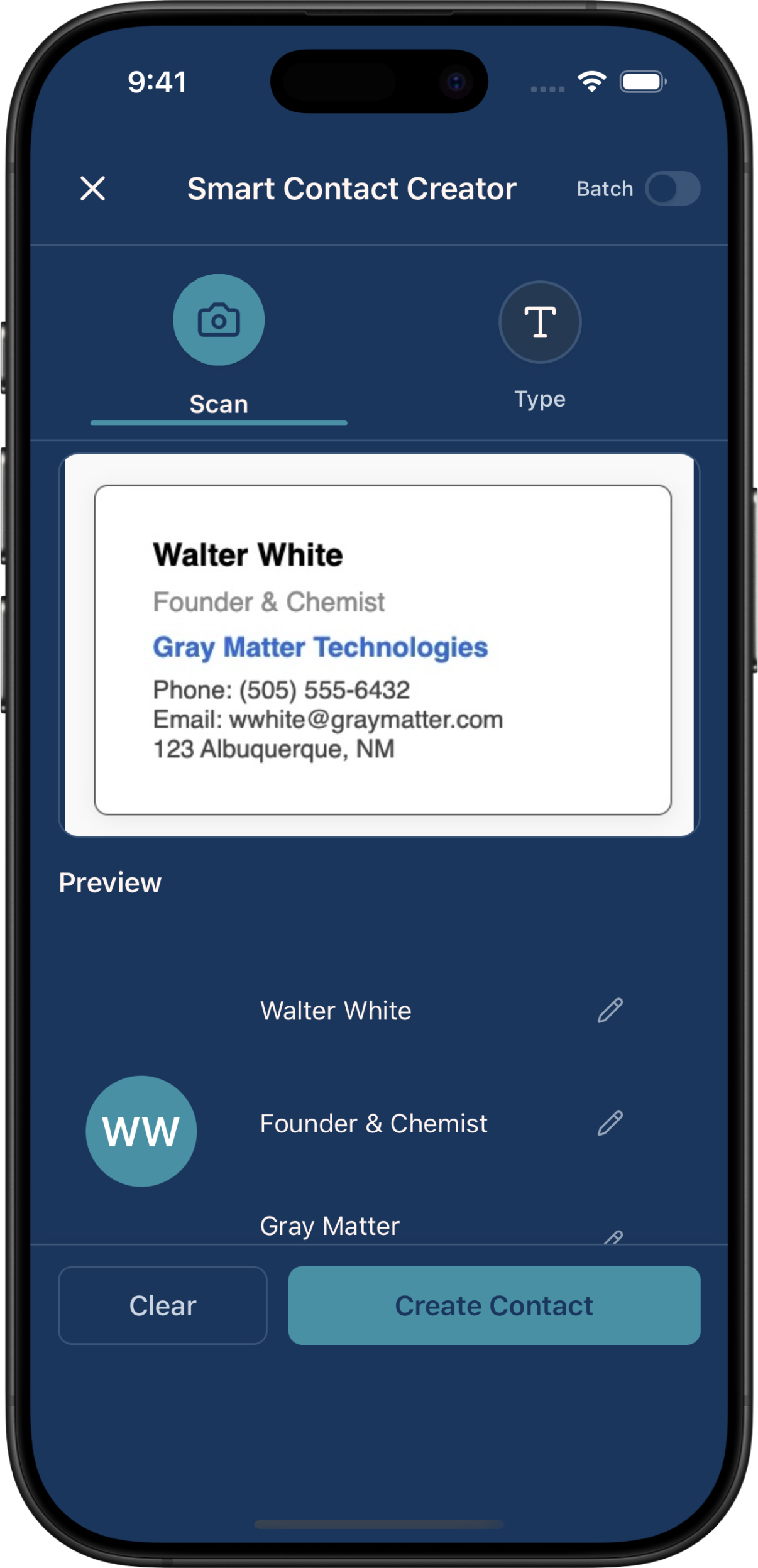 Scanning a paper business card with the Briove app