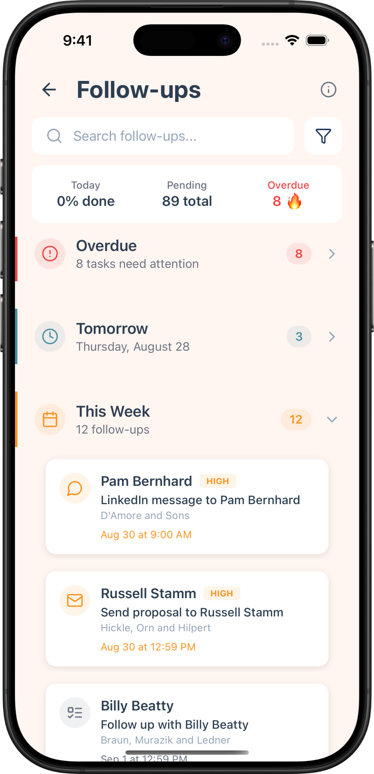 Follow-up reminders in the Briove app