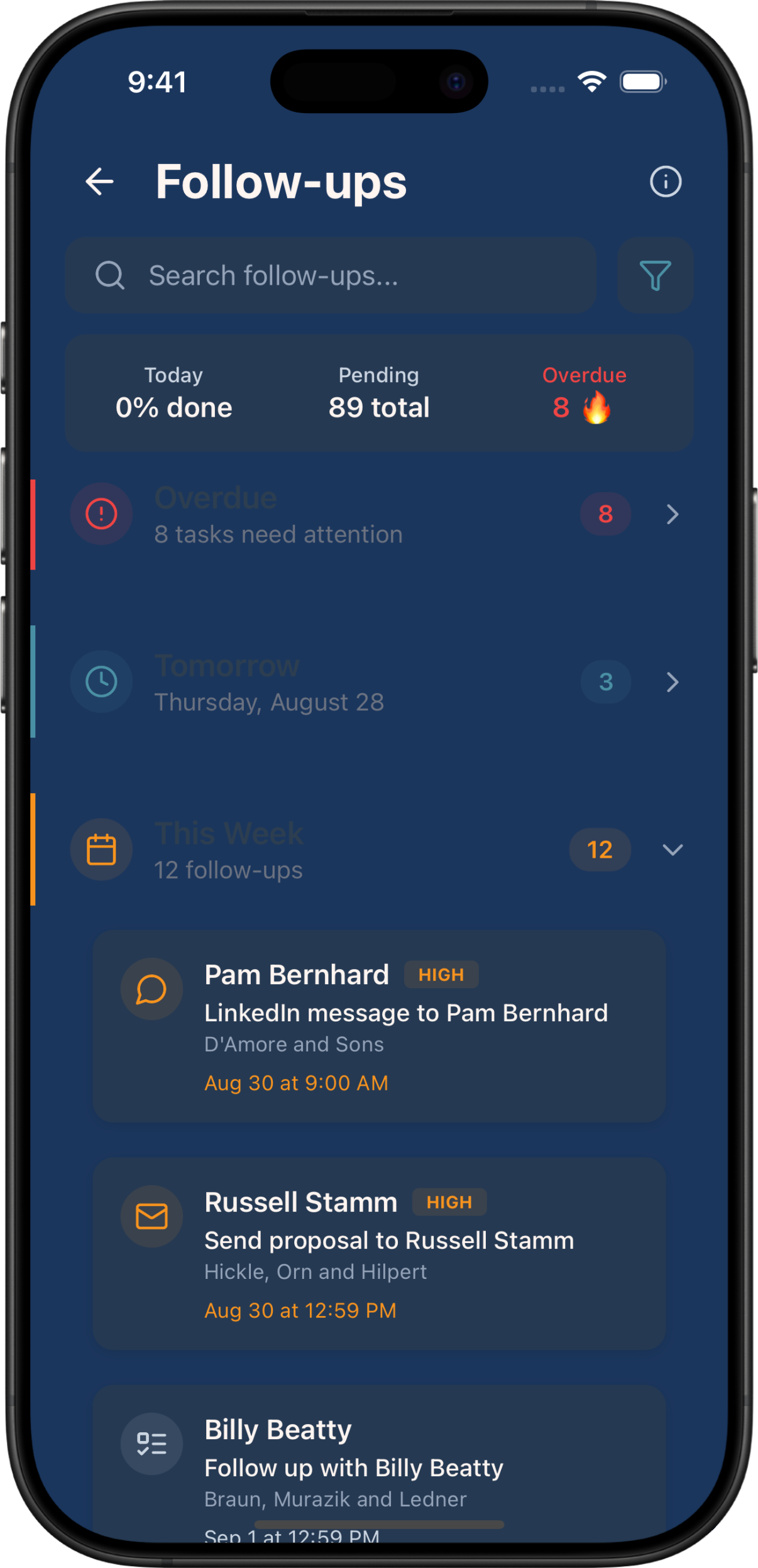 Follow-up reminders in the Briove app