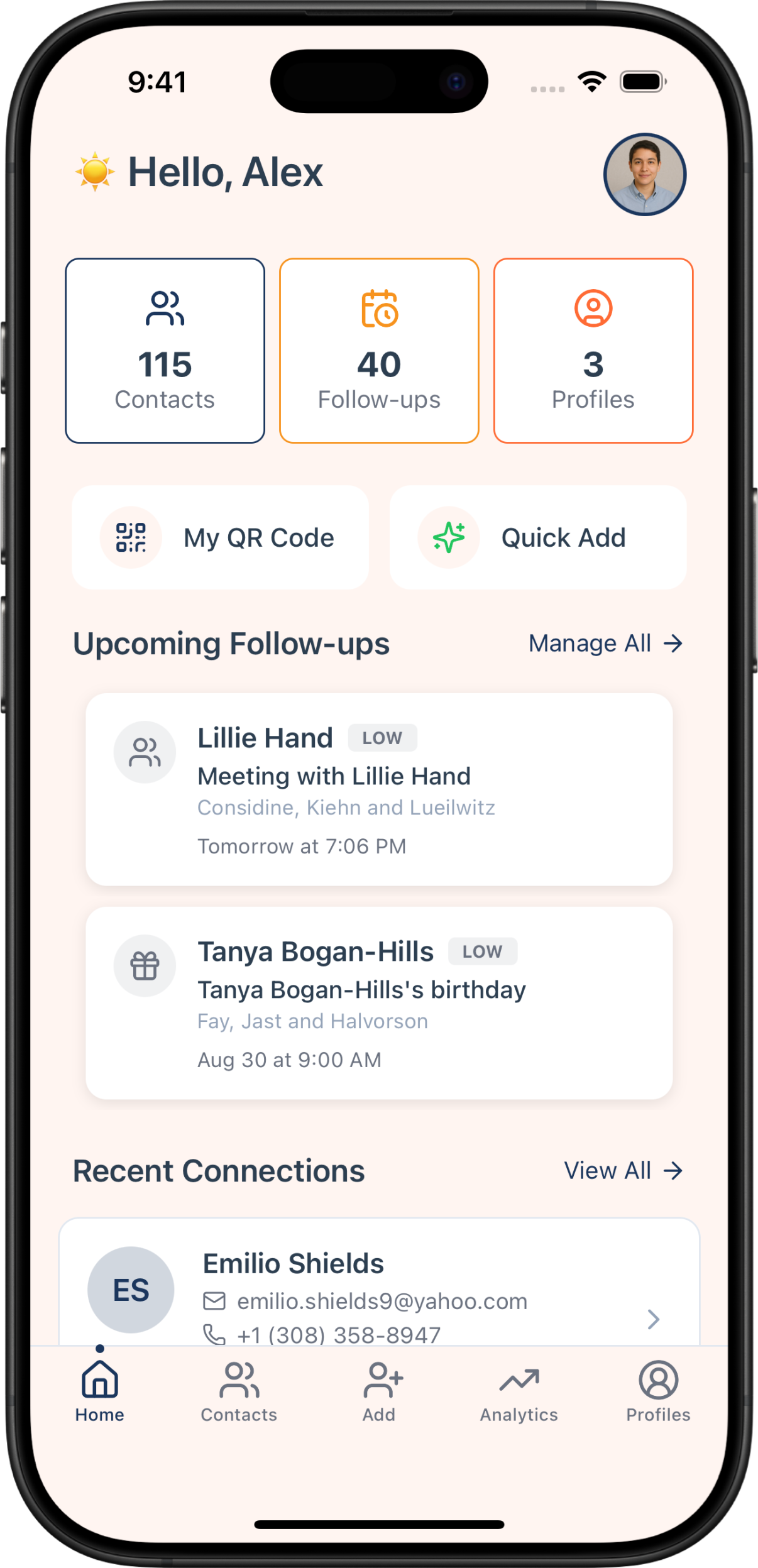 The Briove app home screen showing a shareable profile with QR code