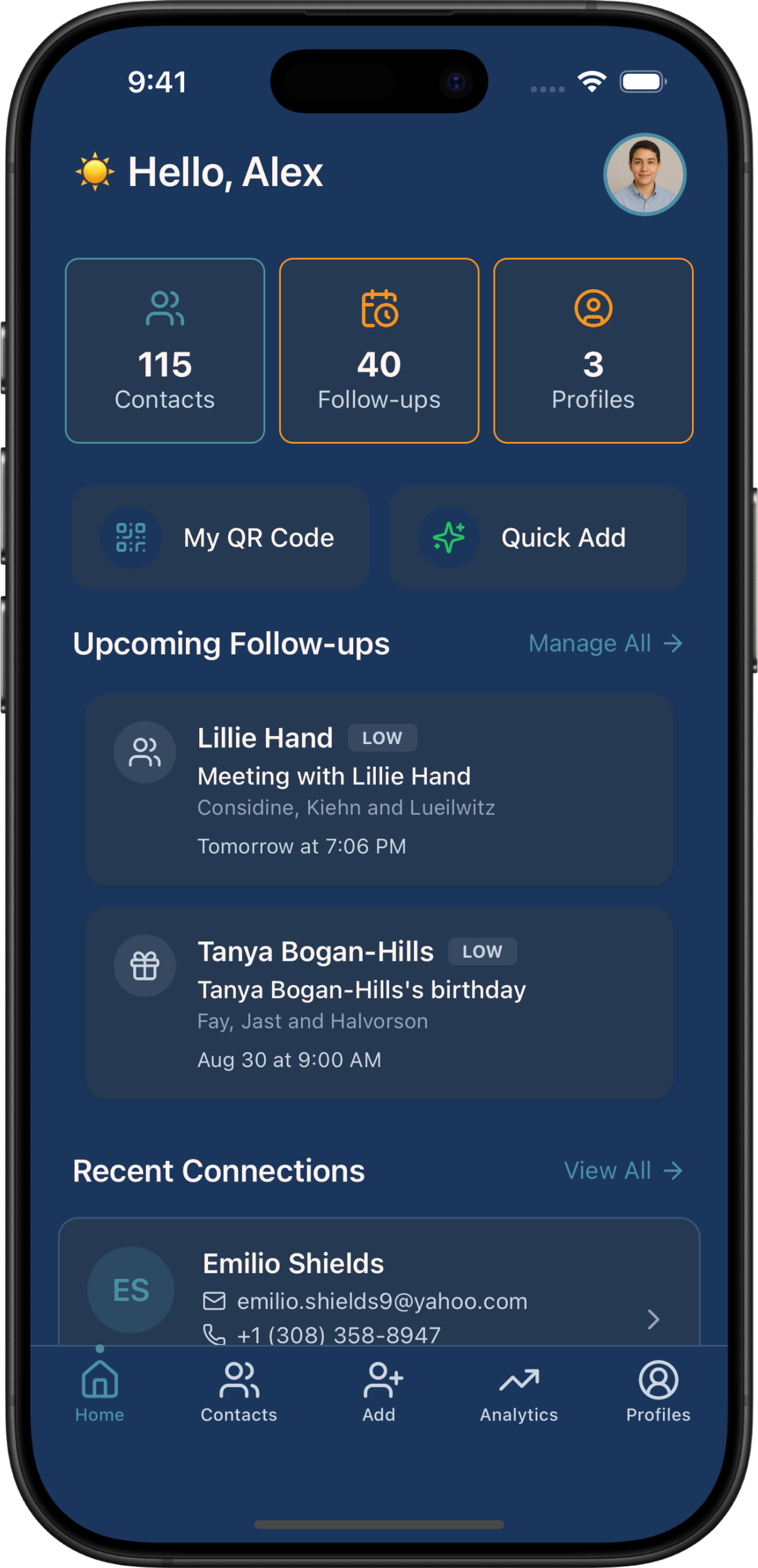 The Briove app home screen showing a shareable profile with QR code
