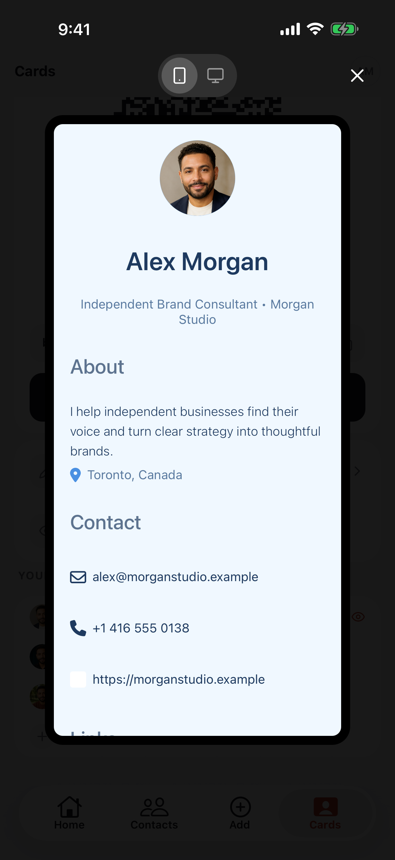 Preview of a Briove digital business card