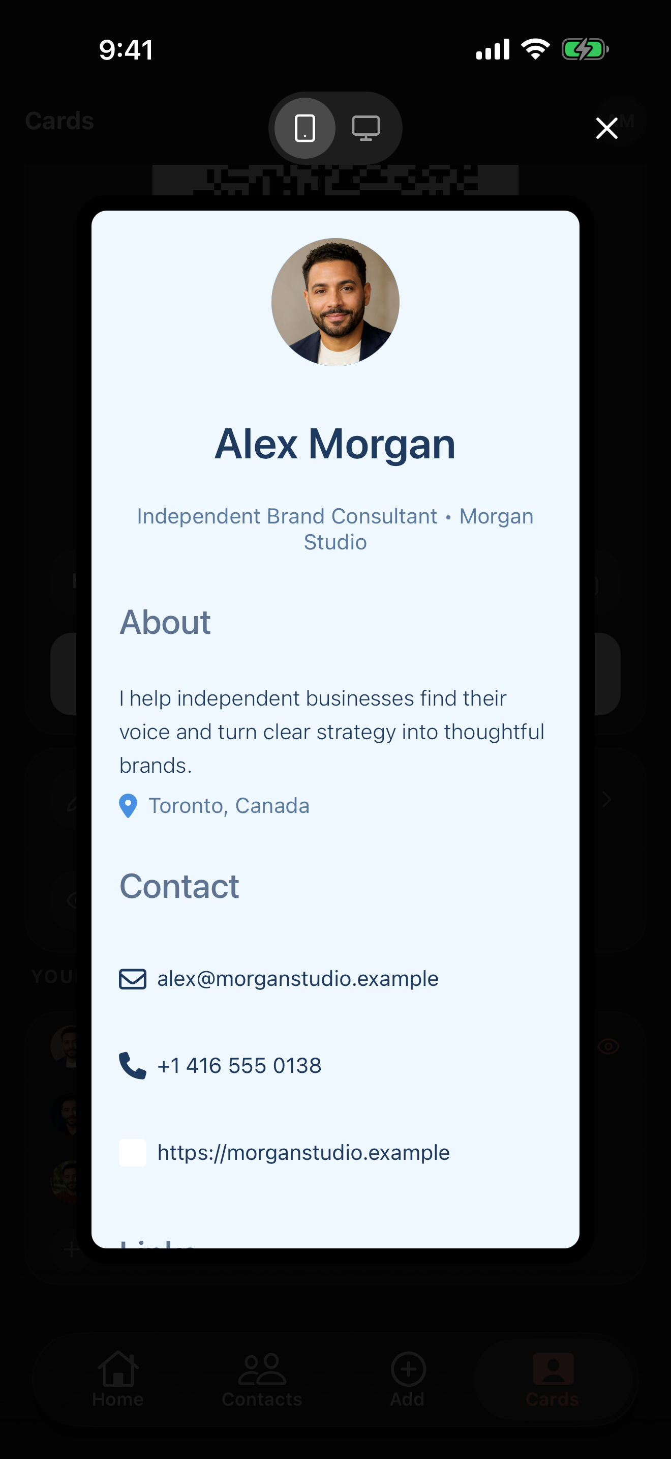 Preview of a Briove digital business card