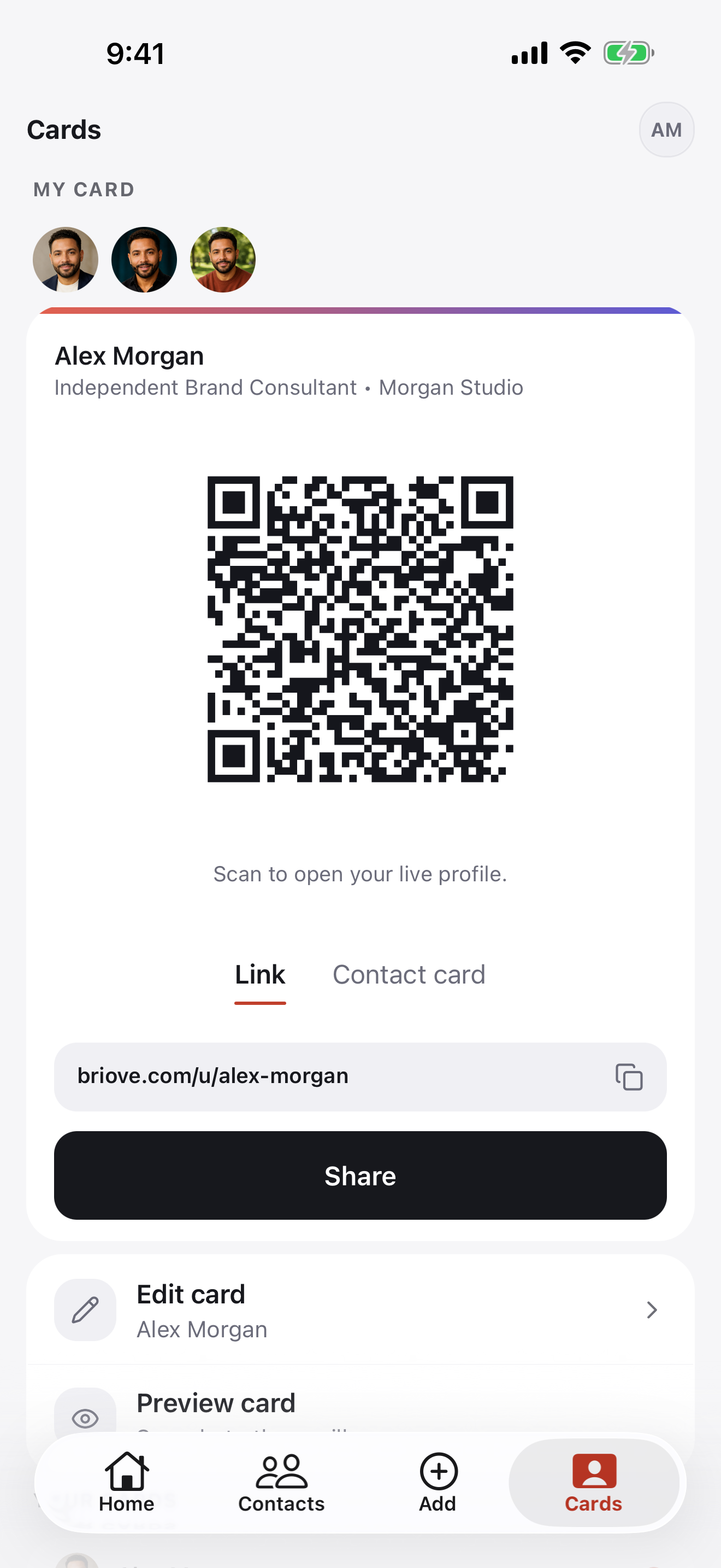Sharing a Briove digital business card via QR code