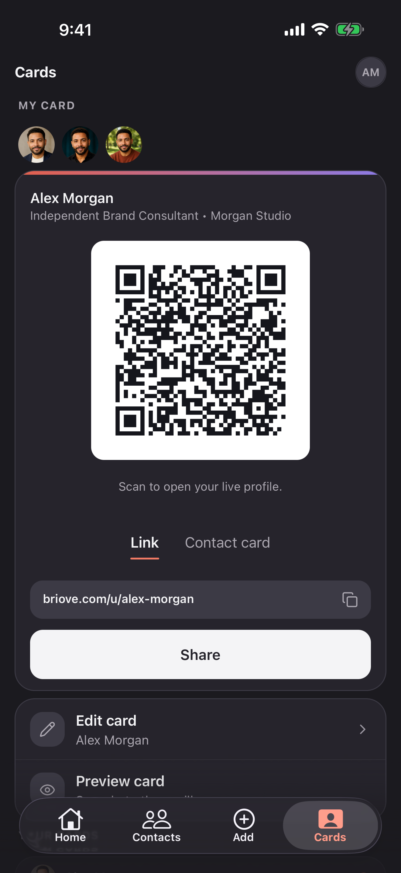 Sharing a Briove digital business card via QR code