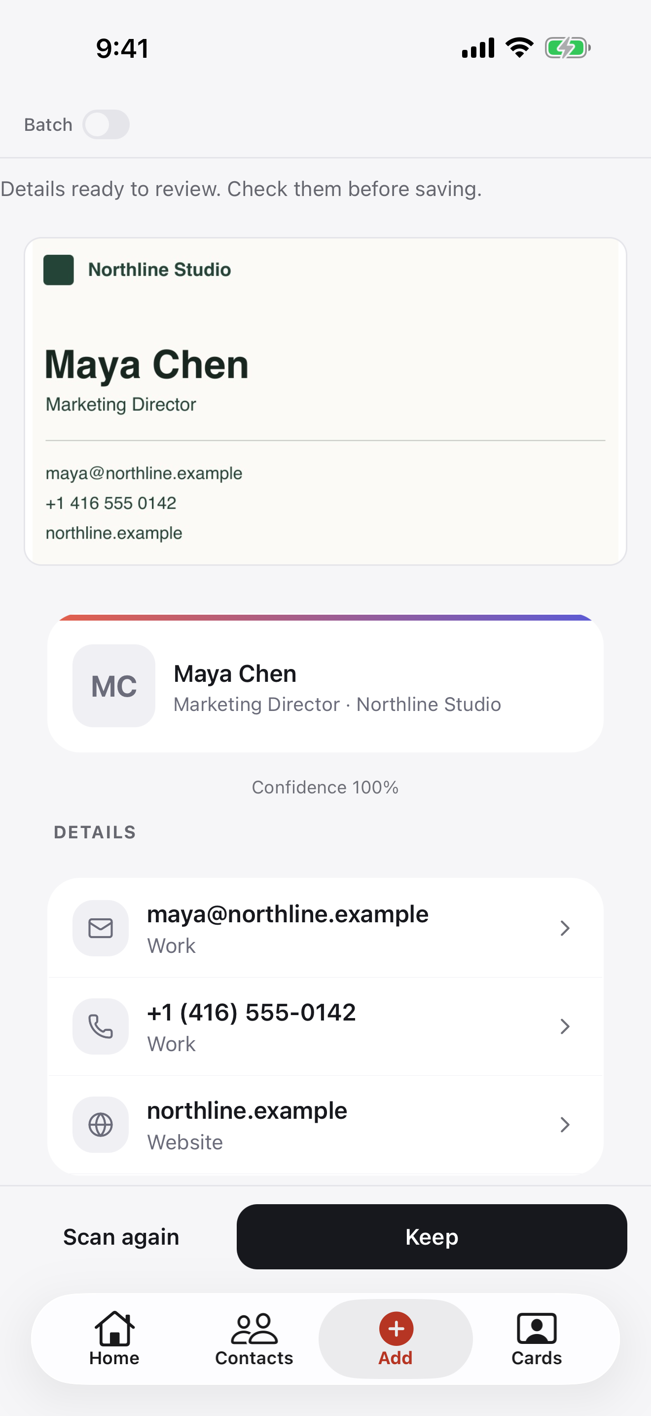 Reviewing contact details extracted from a paper business card