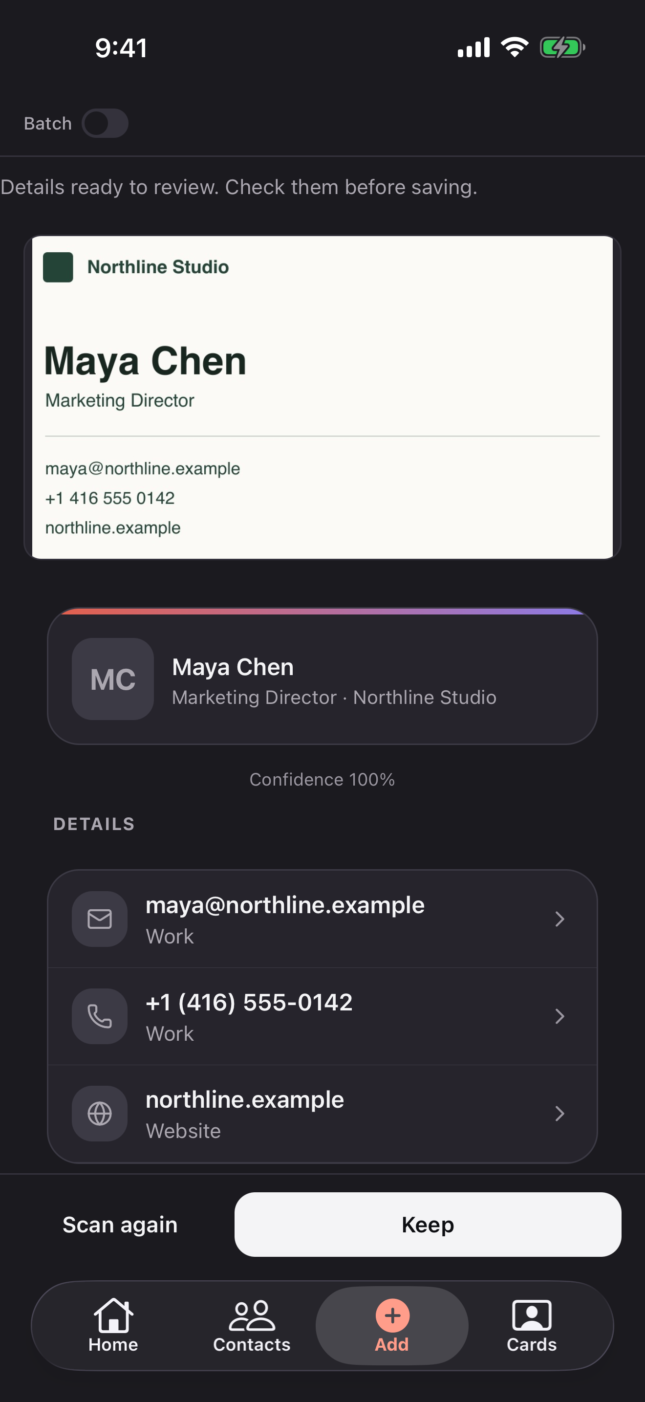 Reviewing contact details extracted from a paper business card
