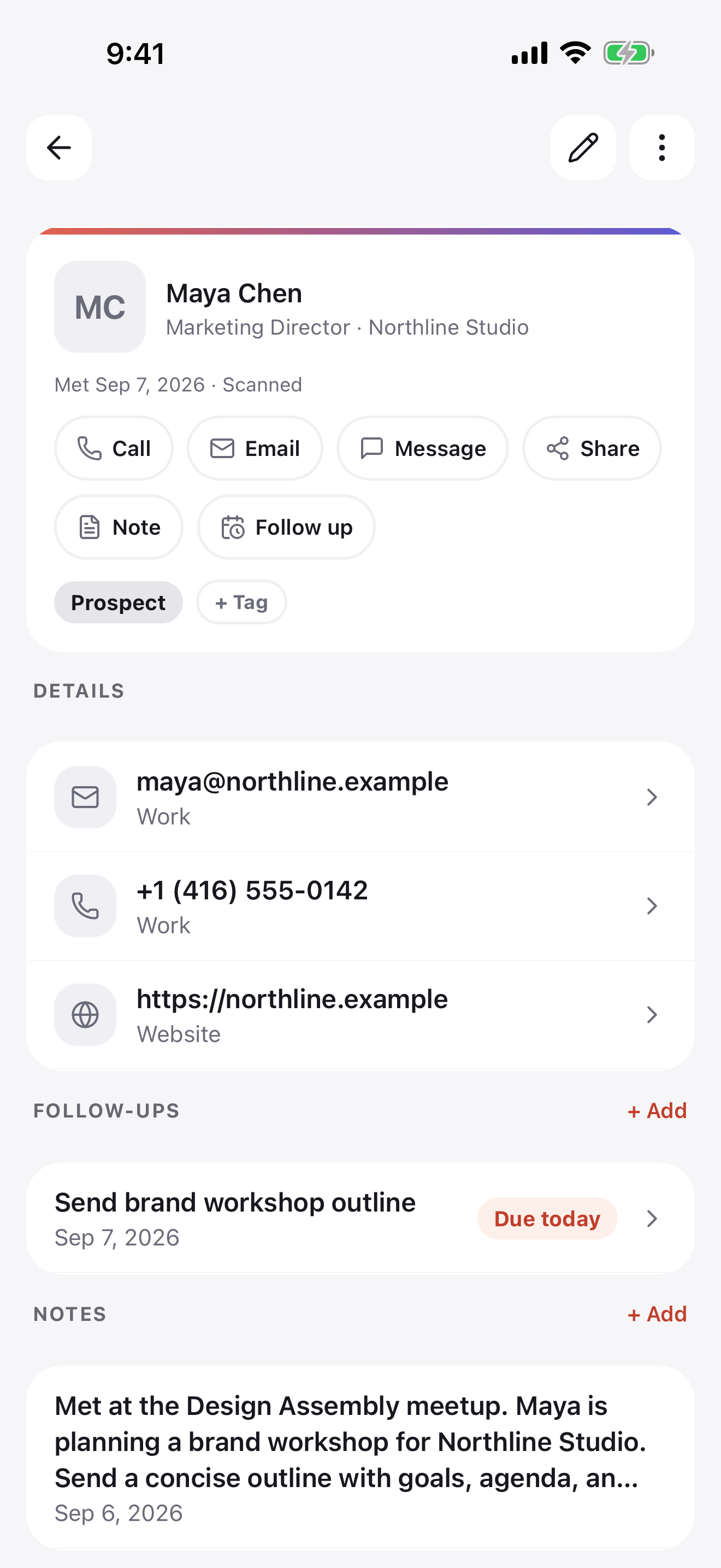 Maya Chen’s contact details, tags, and follow-up reminder