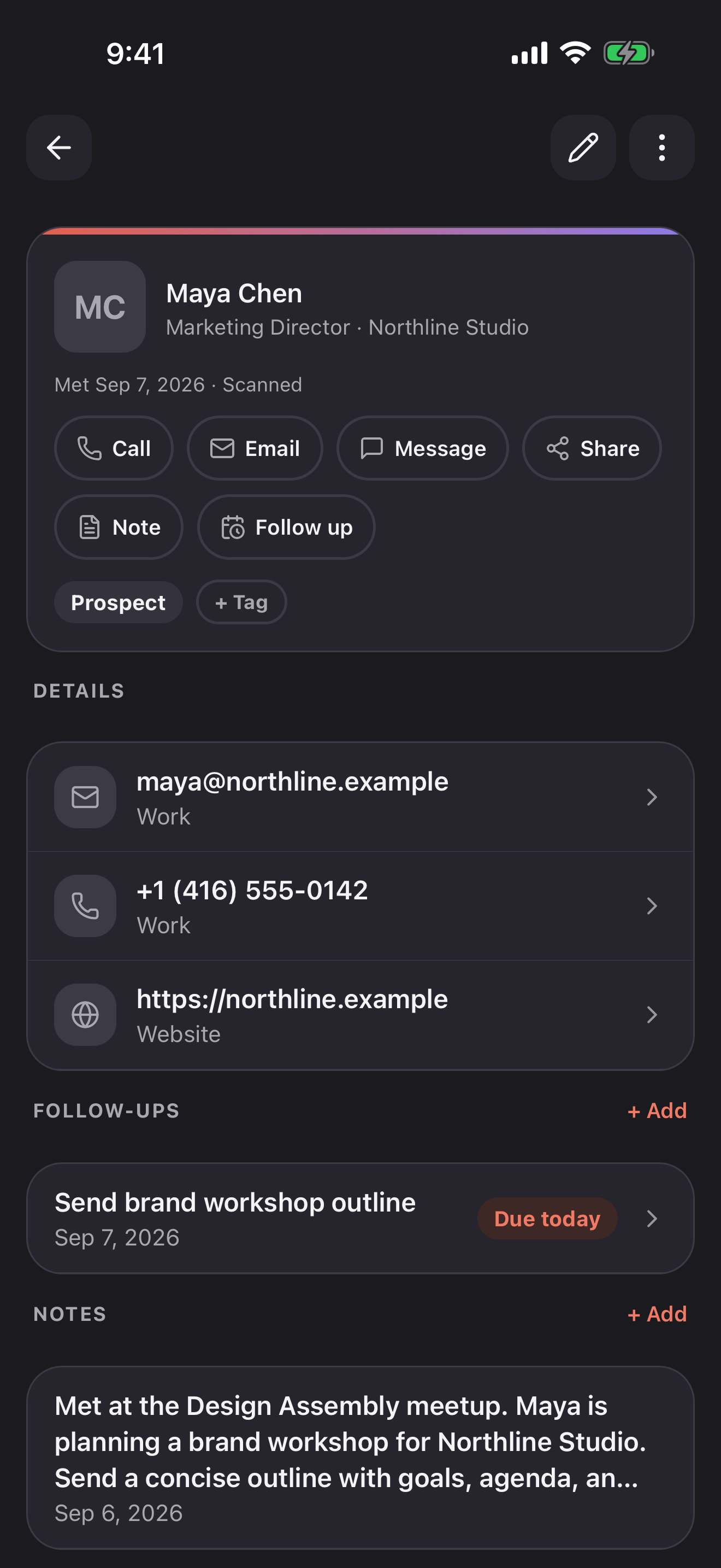 Maya Chen’s contact details, tags, and follow-up reminder