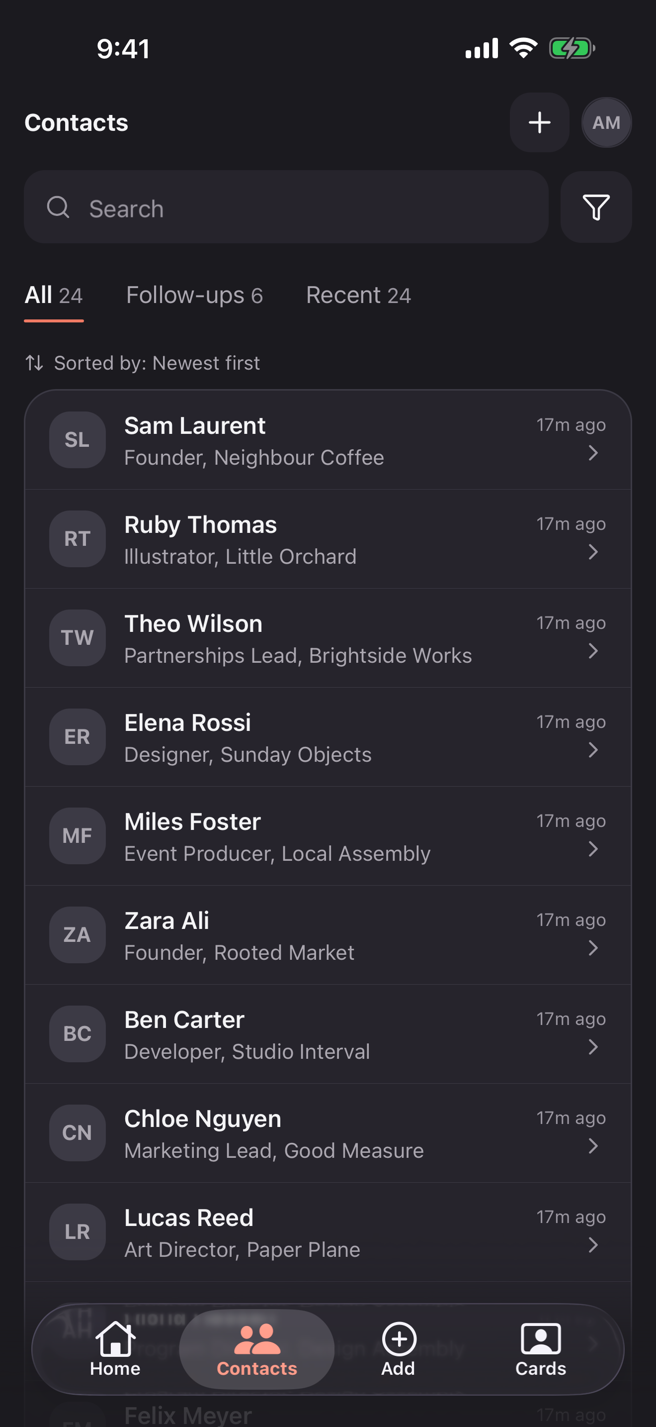 Briove contact list organized with tags and notes
