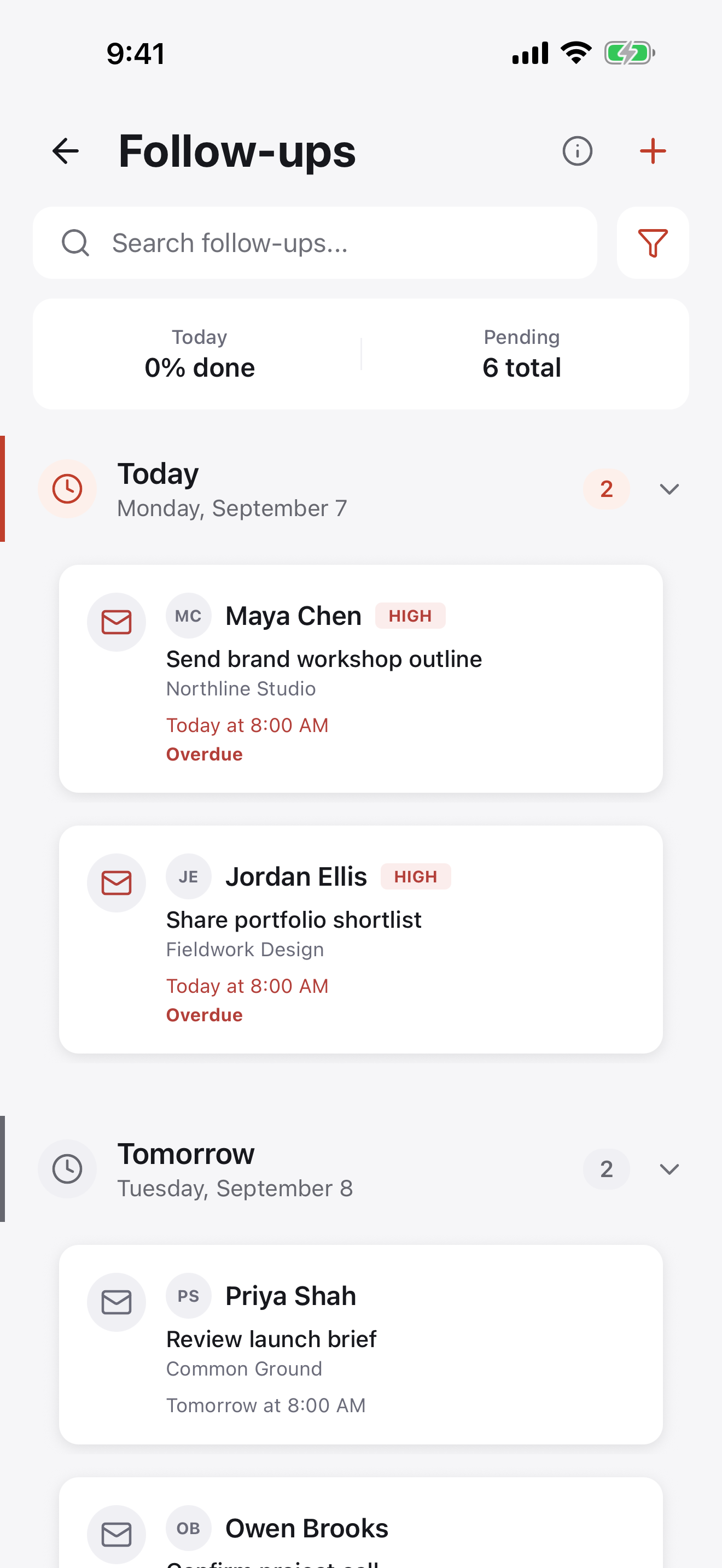 Follow-up reminders in the Briove app