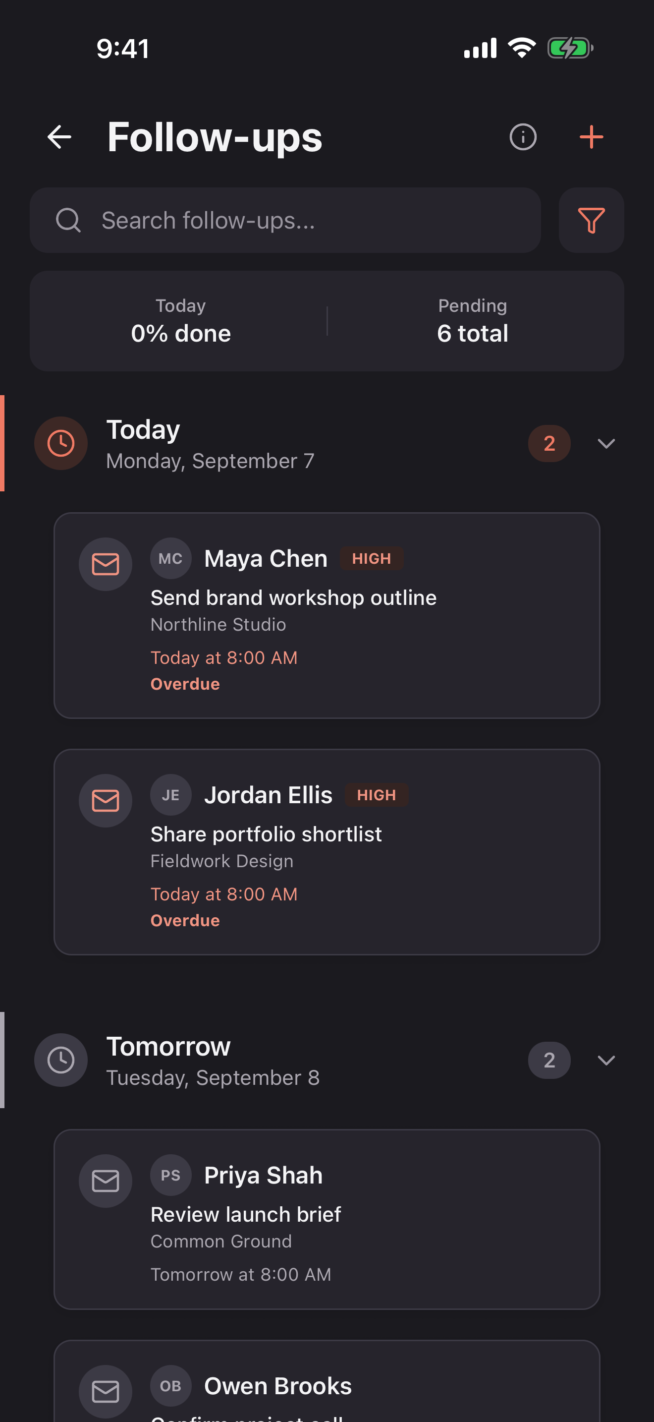 Follow-up reminders in the Briove app