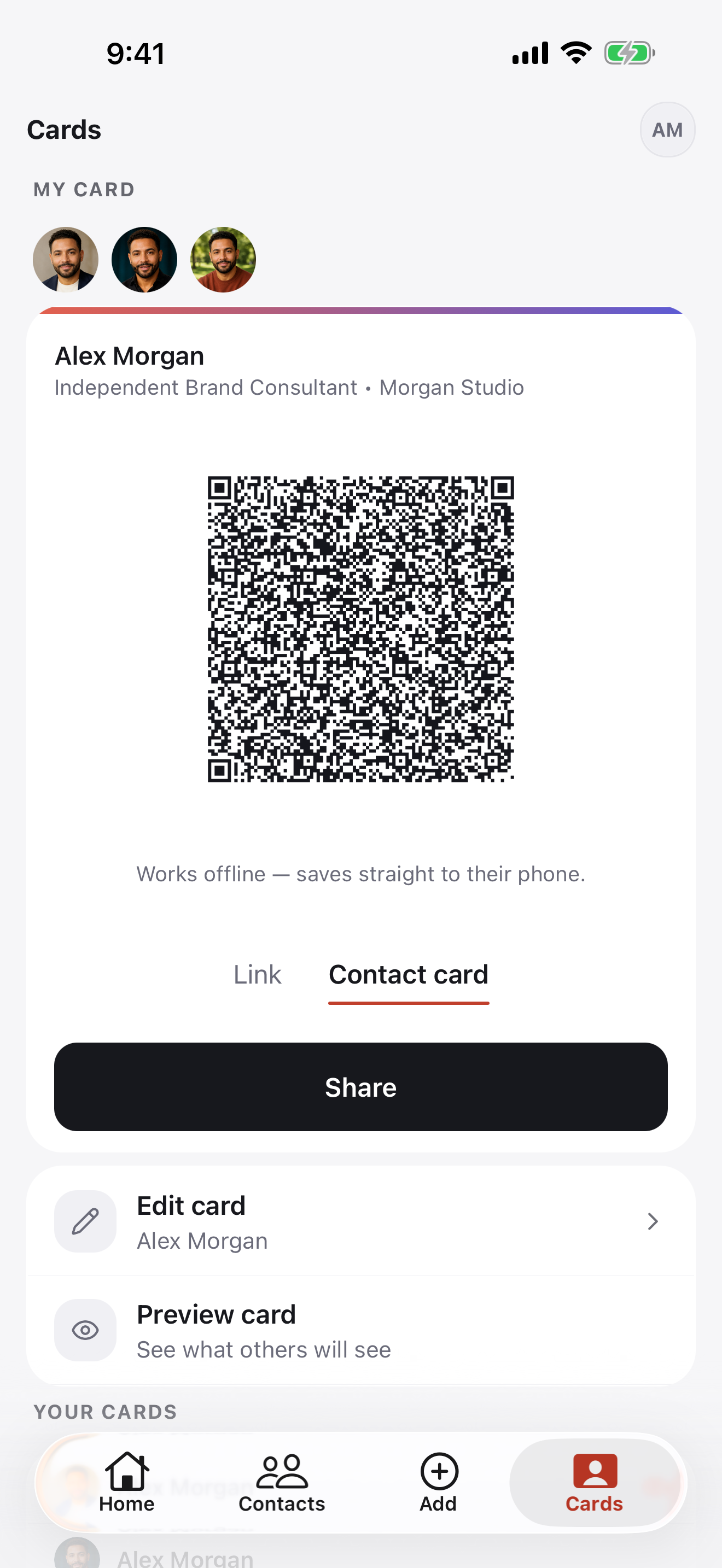 A Briove profile with its QR code ready to share
