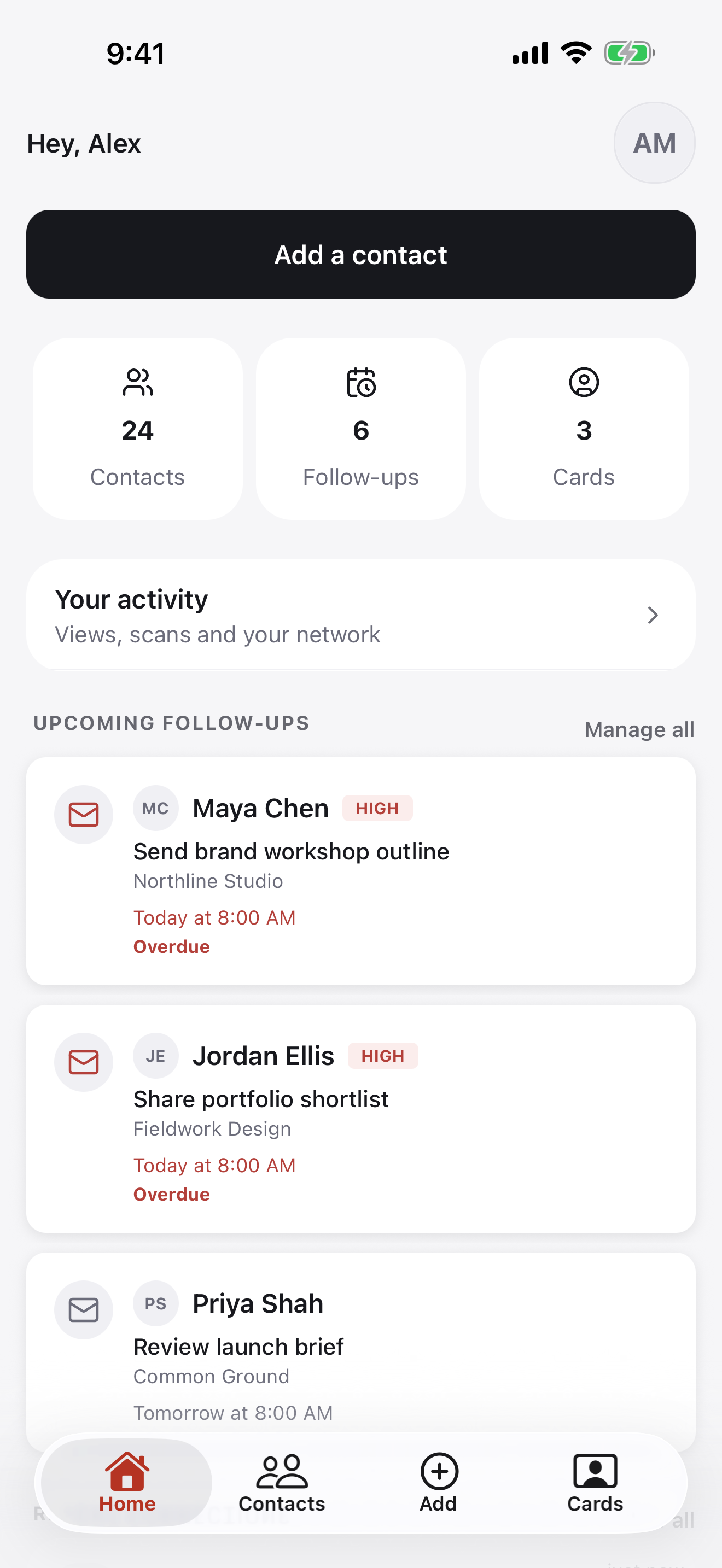 The Briove home dashboard with contacts and upcoming follow-ups