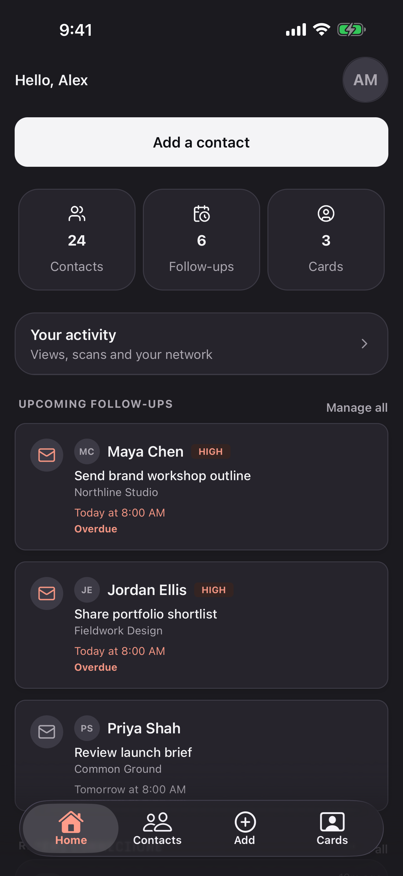 The Briove home dashboard with contacts and upcoming follow-ups